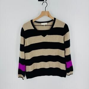 Lord & Taylor Cashmere Sweater L Black Tan Striped VNeck Purple Cuff Elbow Patch